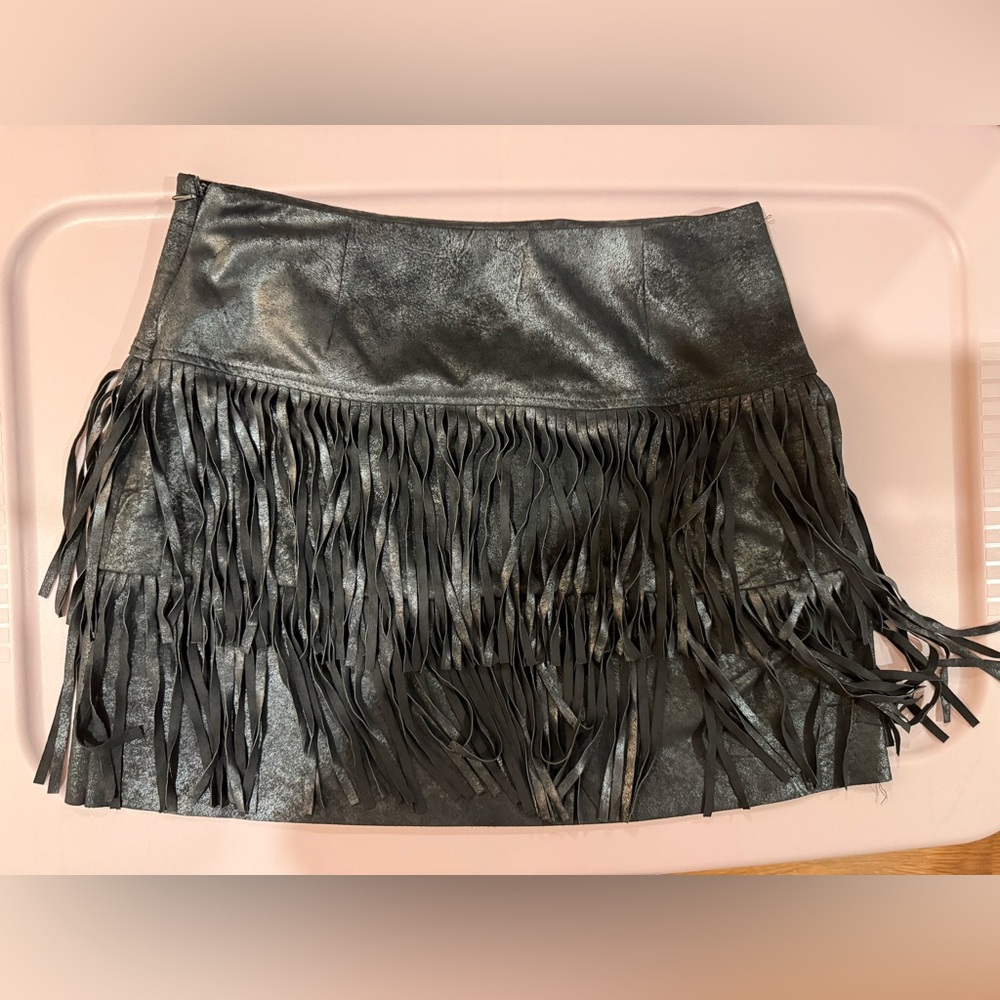 Highline Collective Faux Suede Black Mini Skirt with Faux Leather Fringes - BNWT